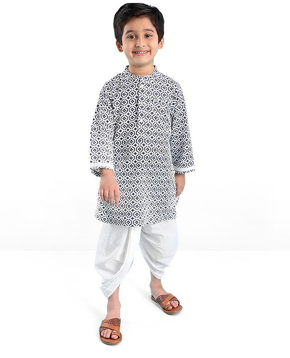 Babyhug 100% Cambric Full Sleeve Printed Kurta With Solid Dhoti Set - Blue & White