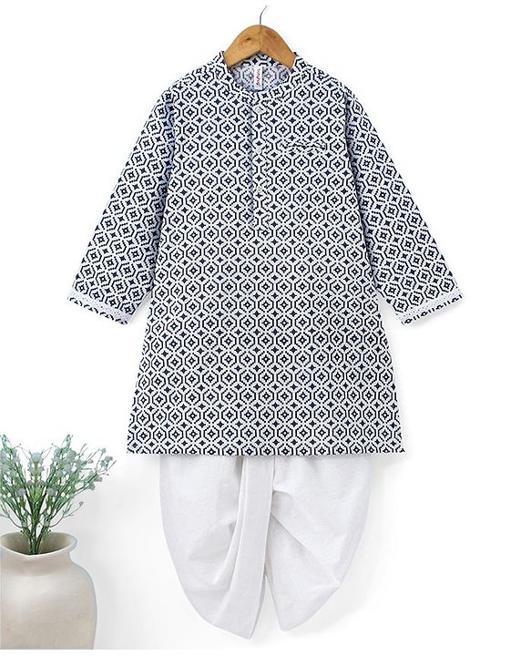Babyhug 100% Cambric Full Sleeve Printed Kurta With Solid Dhoti Set - Blue & White