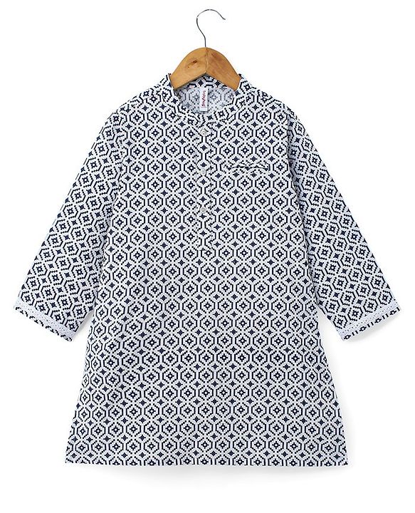 Babyhug 100% Cambric Full Sleeve Printed Kurta With Solid Dhoti Set - Blue & White