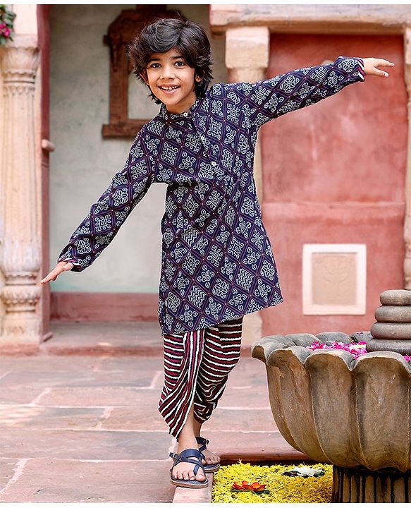 Babyhug 100% Cotton Full Sleeves Kurta & Dhoti Set Ethnic Print - Blue