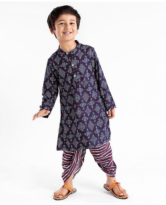 Babyhug 100% Cotton Full Sleeves Kurta & Dhoti Set Ethnic Print - Blue