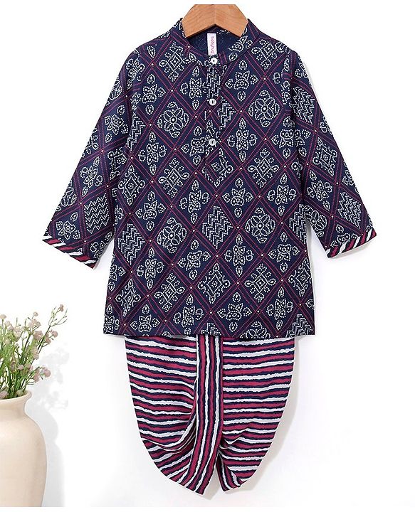 Babyhug 100% Cotton Full Sleeves Kurta & Dhoti Set Ethnic Print - Blue
