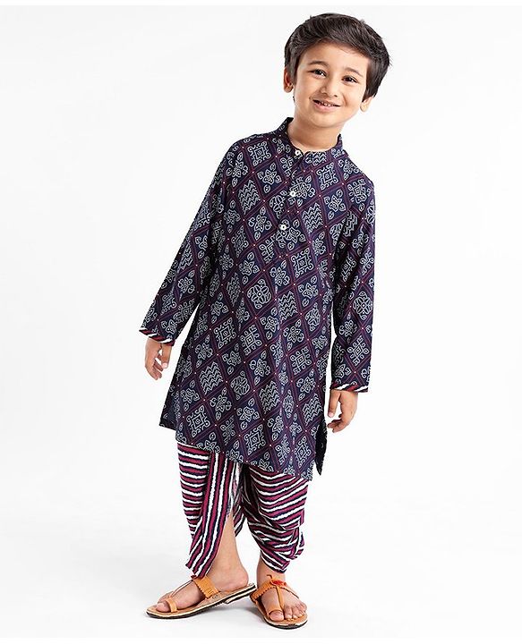 Babyhug 100% Cotton Full Sleeves Kurta & Dhoti Set Ethnic Print - Blue