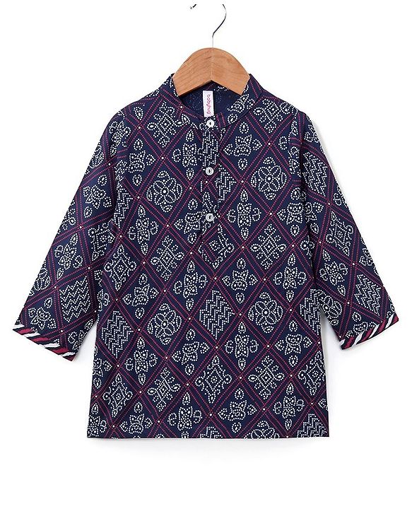 Babyhug 100% Cotton Full Sleeves Kurta & Dhoti Set Ethnic Print - Blue