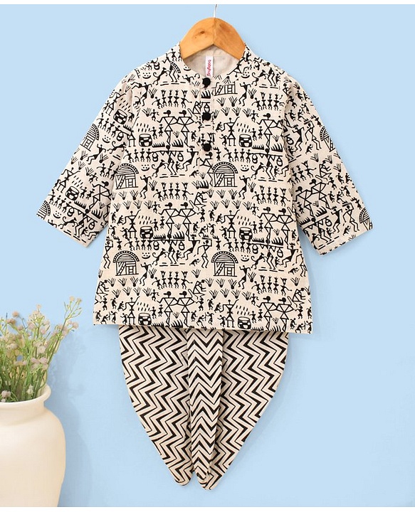 Babyhug Cotton Flex Full Sleeves Printed Kurta & Dhoti - Off White