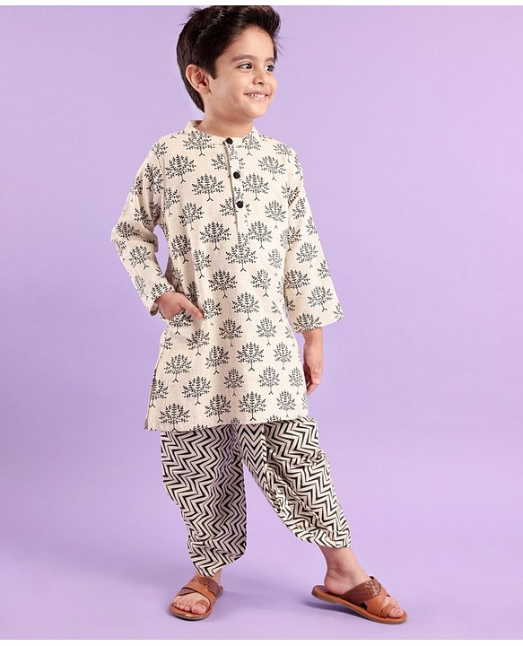 Babyhug 100% Cotton Full Sleeves Printed Kurta & Dhoti Set - OffWhite