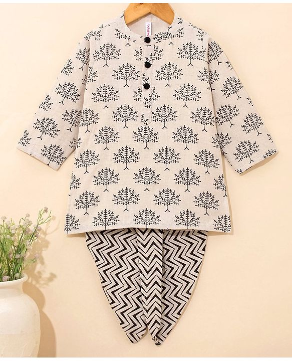 Babyhug 100% Cotton Full Sleeves Printed Kurta & Dhoti Set - OffWhite