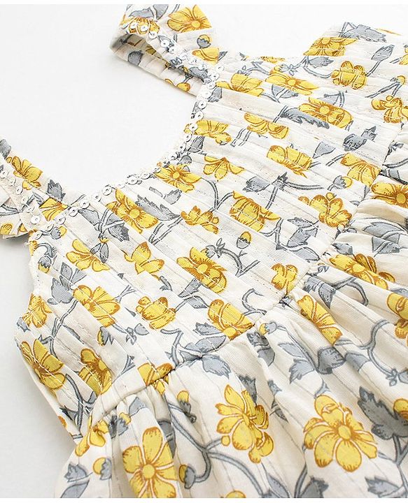 Babyhug 100% Cotton Singlet Sleeves Full Length Ethnic Dress Floral Print - White