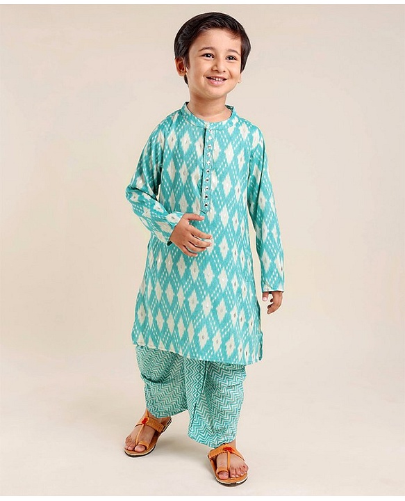 Babyhug Woven Full Sleeves Kurta & Dhoti Set Printed - Blue