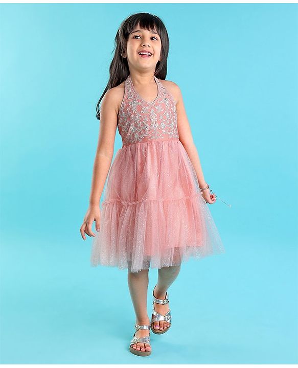 Babyhug Sleeveless Floral Embroidered Halter Neck Ethnic Dress - Pink