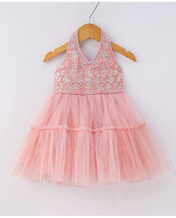 Babyhug Sleeveless Floral Embroidered Halter Neck Ethnic Dress - Pink