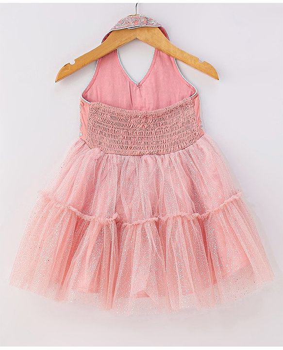 Babyhug Sleeveless Floral Embroidered Halter Neck Ethnic Dress - Pink