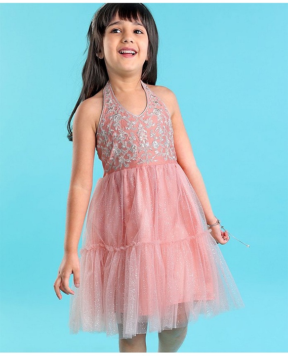 Babyhug Sleeveless Floral Embroidered Halter Neck Ethnic Dress - Pink