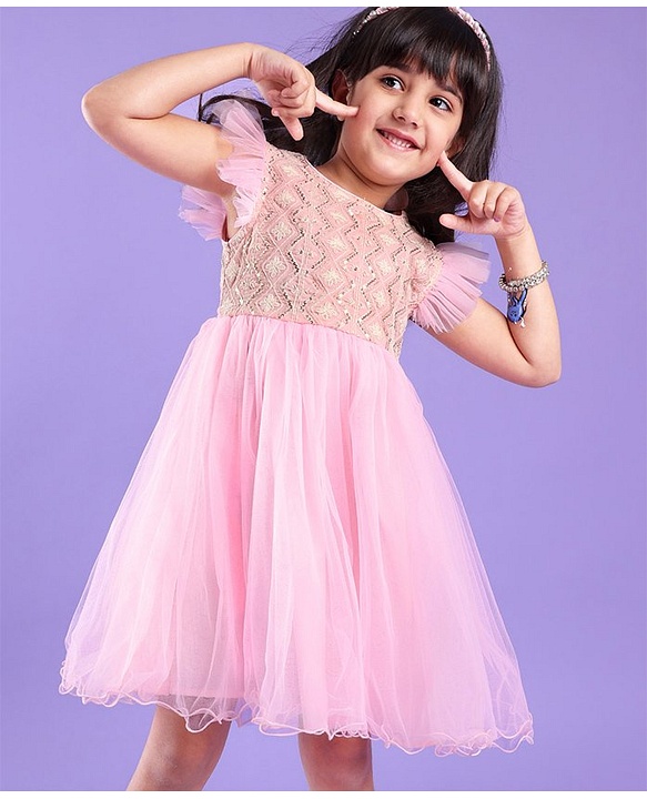Babyhug Ruffle Sleeves Ethnic Dress Embroidered and Sequin Detailing - Pink