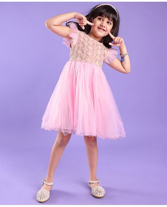 Babyhug Ruffle Sleeves Ethnic Dress Embroidered and Sequin Detailing - Pink