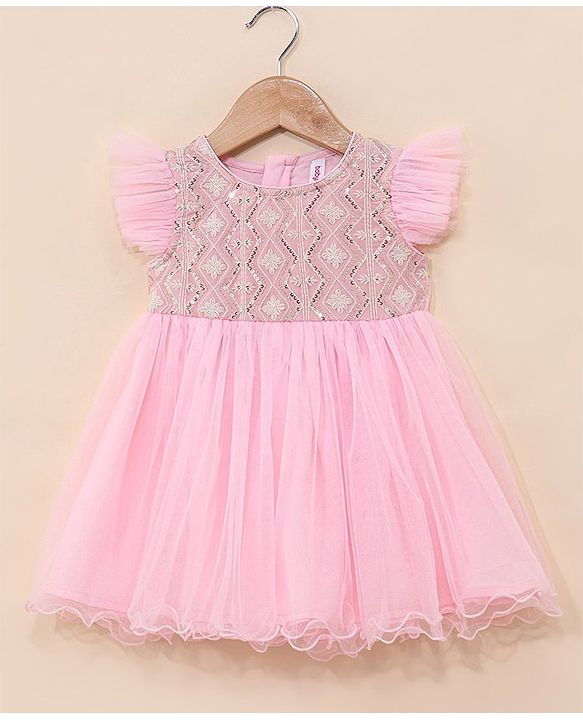 Babyhug Ruffle Sleeves Ethnic Dress Embroidered and Sequin Detailing - Pink