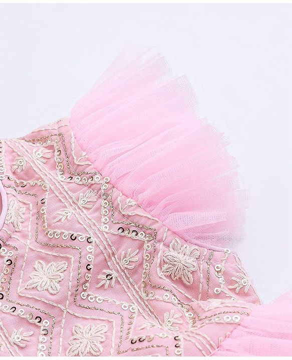 Babyhug Ruffle Sleeves Ethnic Dress Embroidered and Sequin Detailing - Pink