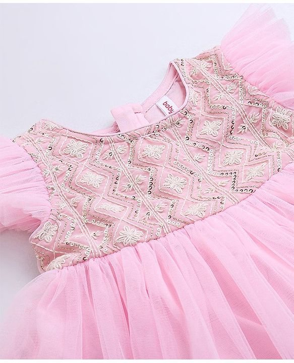 Babyhug Ruffle Sleeves Ethnic Dress Embroidered and Sequin Detailing - Pink