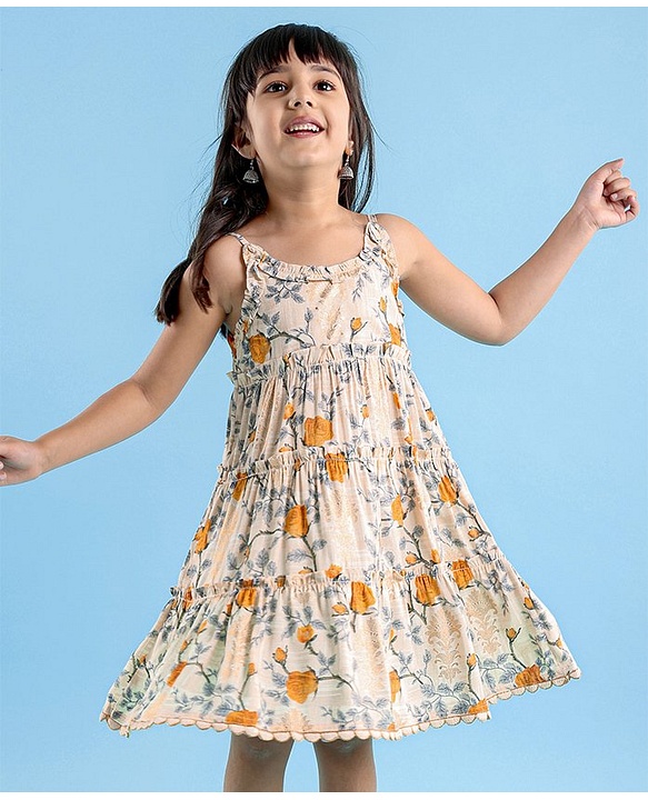 Babyhug 100% Cotton Woven Sleeveless Ethnic Dress Floral Digital Print With Foil - Beige