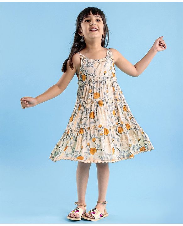 Babyhug 100% Cotton Woven Sleeveless Ethnic Dress Floral Digital Print With Foil - Beige
