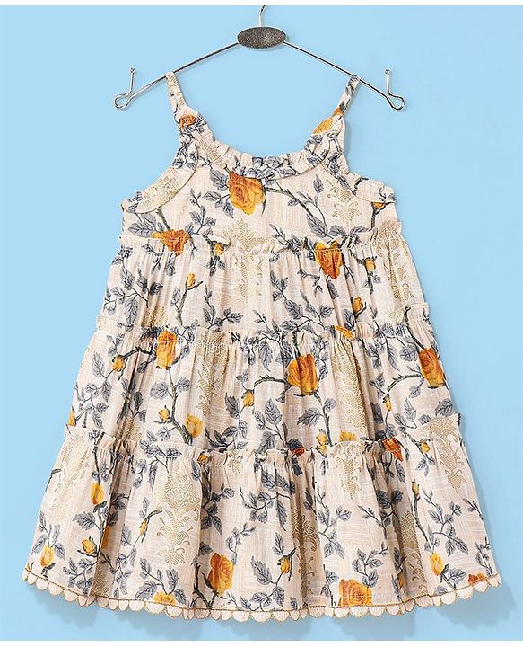 Babyhug 100% Cotton Woven Sleeveless Ethnic Dress Floral Digital Print With Foil - Beige