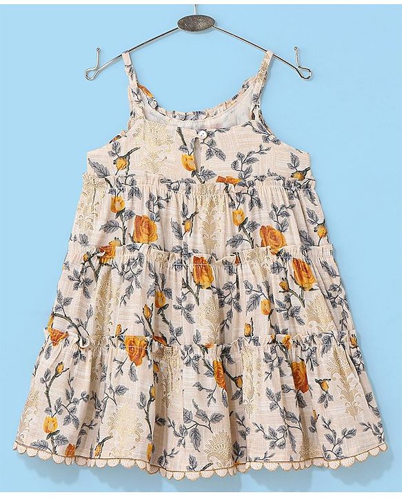 Babyhug 100% Cotton Woven Sleeveless Ethnic Dress Floral Digital Print With Foil - Beige