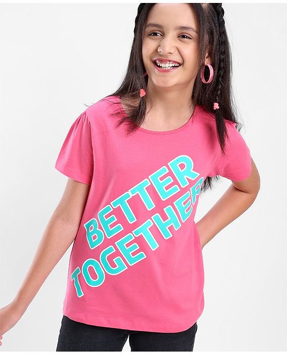 Pine Kids 100% Cotton Half Sleeves Bio-Washed T-Shirt Text Print - Pink