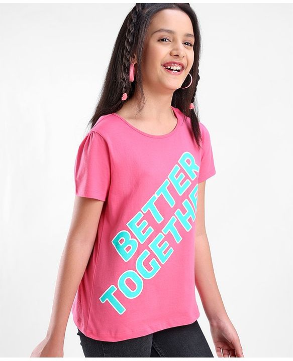 Pine Kids 100% Cotton Half Sleeves Bio-Washed T-Shirt Text Print - Pink