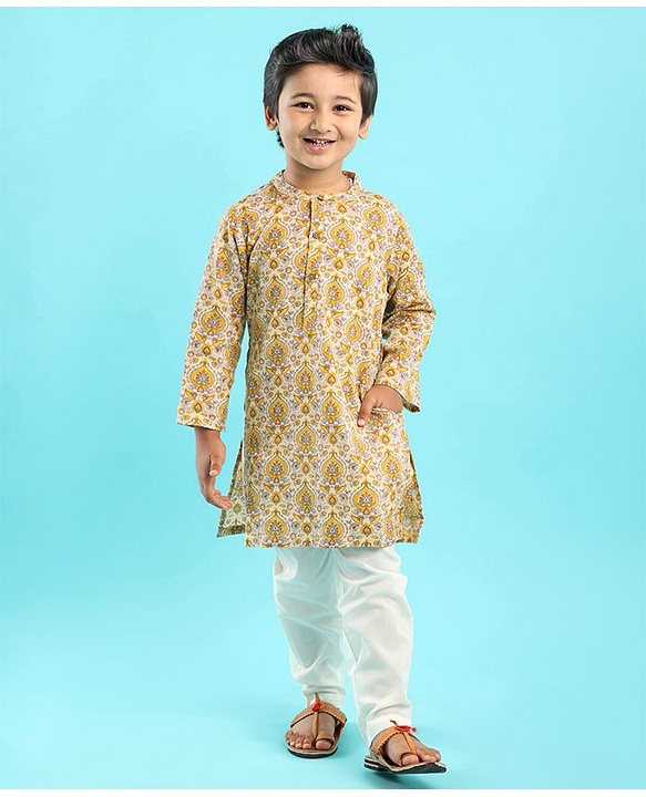 Babyhug 100% Cotton Kurta With Payjama Set Floral Print - Beige