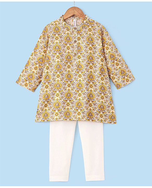 Babyhug 100% Cotton Kurta With Payjama Set Floral Print - Beige