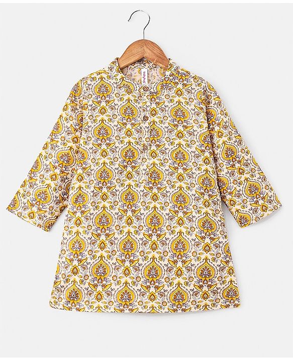 Babyhug 100% Cotton Kurta With Payjama Set Floral Print - Beige
