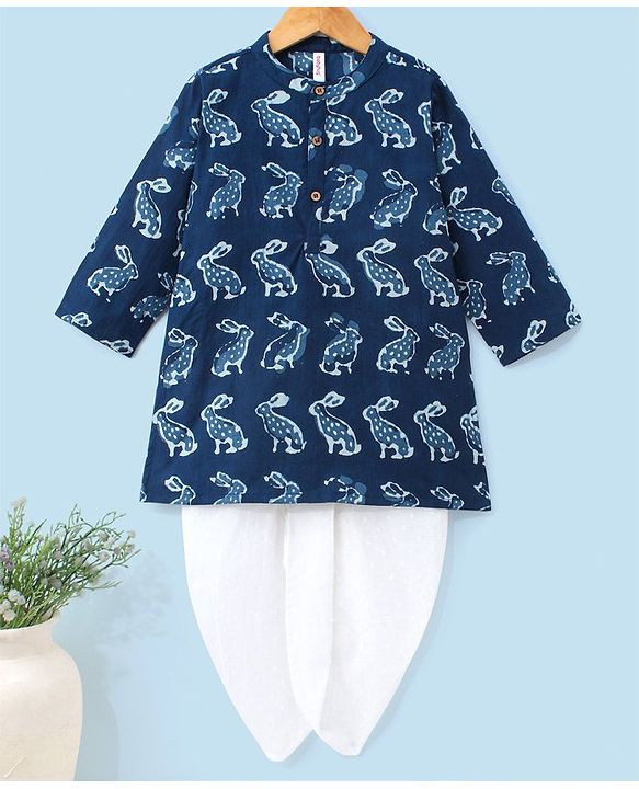 Babyhug 100% Cotton Kurta With Dhoti Set Bunny Print - Indigo