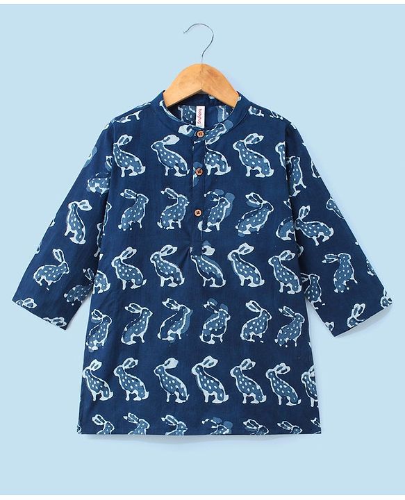 Babyhug 100% Cotton Kurta With Dhoti Set Bunny Print - Indigo