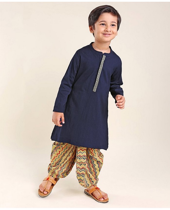 Babyhug 100% Cotton Dobby Full Sleeves Embroidered Kurta With Chevron Printed Dhoti Set - Navy Blue