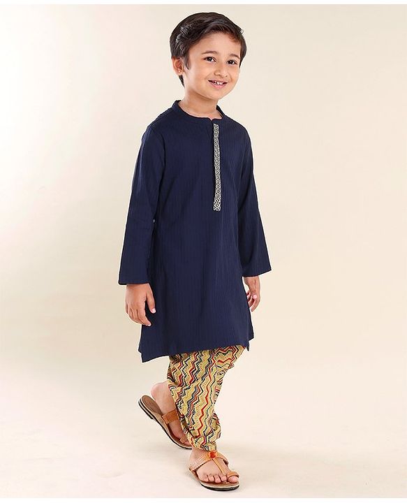 Babyhug 100% Cotton Dobby Full Sleeves Embroidered Kurta With Chevron Printed Dhoti Set - Navy Blue
