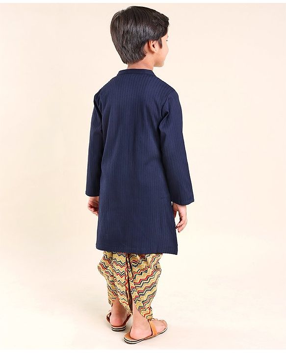 Babyhug 100% Cotton Dobby Full Sleeves Embroidered Kurta With Chevron Printed Dhoti Set - Navy Blue