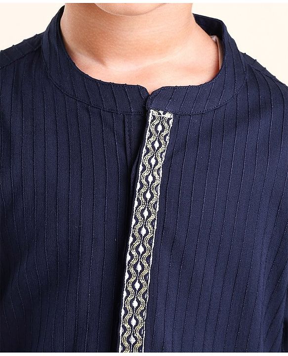 Babyhug 100% Cotton Dobby Full Sleeves Embroidered Kurta With Chevron Printed Dhoti Set - Navy Blue
