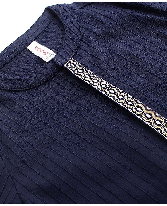 Babyhug 100% Cotton Dobby Full Sleeves Embroidered Kurta With Chevron Printed Dhoti Set - Navy Blue