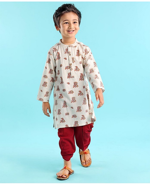 Babyhug 100% Cotton Full Sleeves Flex Elephant Printed Kurta With Dhoti Set - Beige