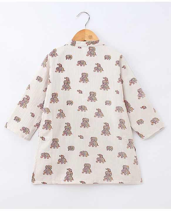 Babyhug 100% Cotton Full Sleeves Flex Elephant Printed Kurta With Dhoti Set - Beige
