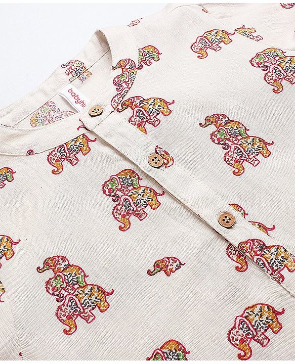 Babyhug 100% Cotton Full Sleeves Flex Elephant Printed Kurta With Dhoti Set - Beige