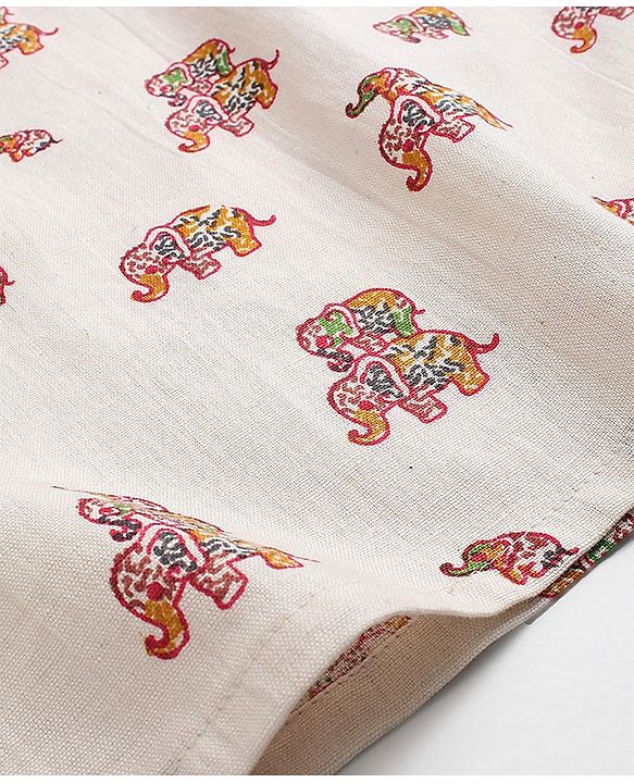 Babyhug 100% Cotton Full Sleeves Flex Elephant Printed Kurta With Dhoti Set - Beige