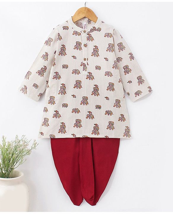 Babyhug 100% Cotton Full Sleeves Flex Elephant Printed Kurta With Dhoti Set - Beige
