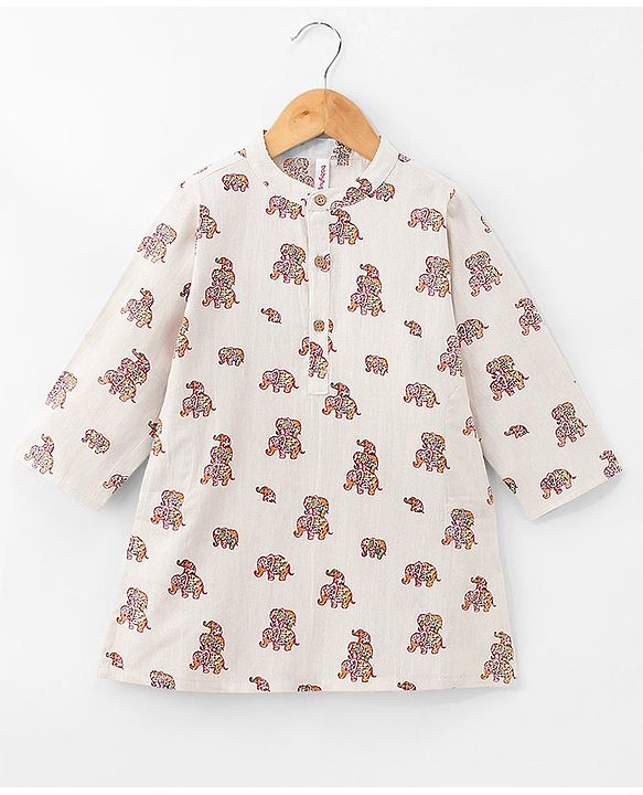 Babyhug 100% Cotton Full Sleeves Flex Elephant Printed Kurta With Dhoti Set - Beige