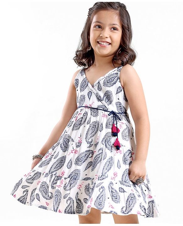 Babyhug 100% Cotton Singlet Sleeves Woven Printed Overlap Ethnic Dress With Embroidery - White