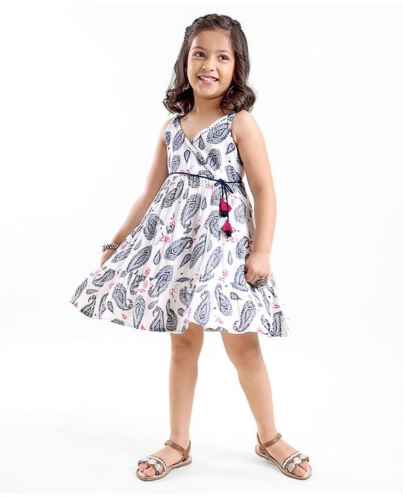 Babyhug 100% Cotton Singlet Sleeves Woven Printed Overlap Ethnic Dress With Embroidery - White