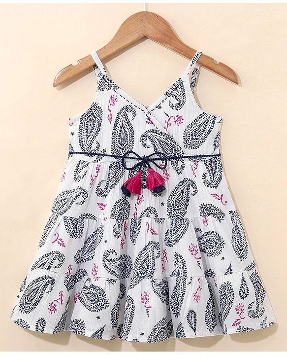 Babyhug 100% Cotton Singlet Sleeves Woven Printed Overlap Ethnic Dress With Embroidery - White