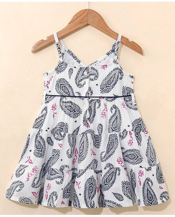 Babyhug 100% Cotton Singlet Sleeves Woven Printed Overlap Ethnic Dress With Embroidery - White