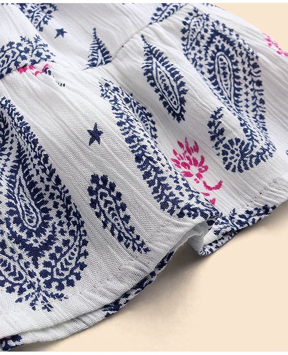 Babyhug 100% Cotton Singlet Sleeves Woven Printed Overlap Ethnic Dress With Embroidery - White