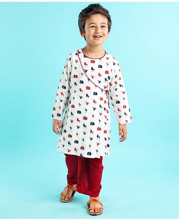 Babyoye 100% Cotton Full Sleeves Kurta & Dhoti Set Elephant & Horse Print - White & Maroon